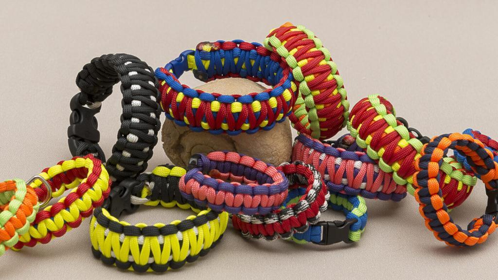 A variety of paracord bracelet patterns.