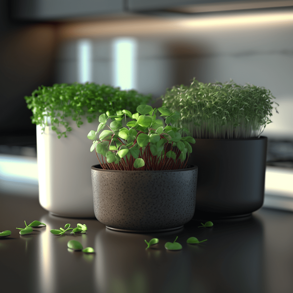 Image of a variety of microgreens in pots sitting on a counter top in the kitchen.