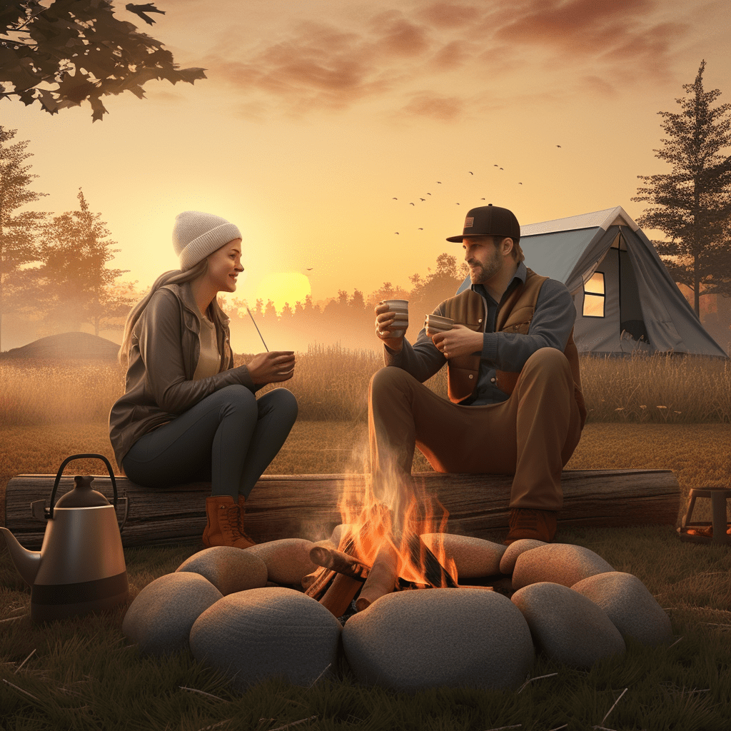Man and woman sitting next to a campfire at sunrise enjoying a cup of coffee.