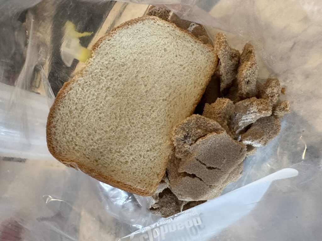 Hardened brown sugar in a bag with a piece of bread.