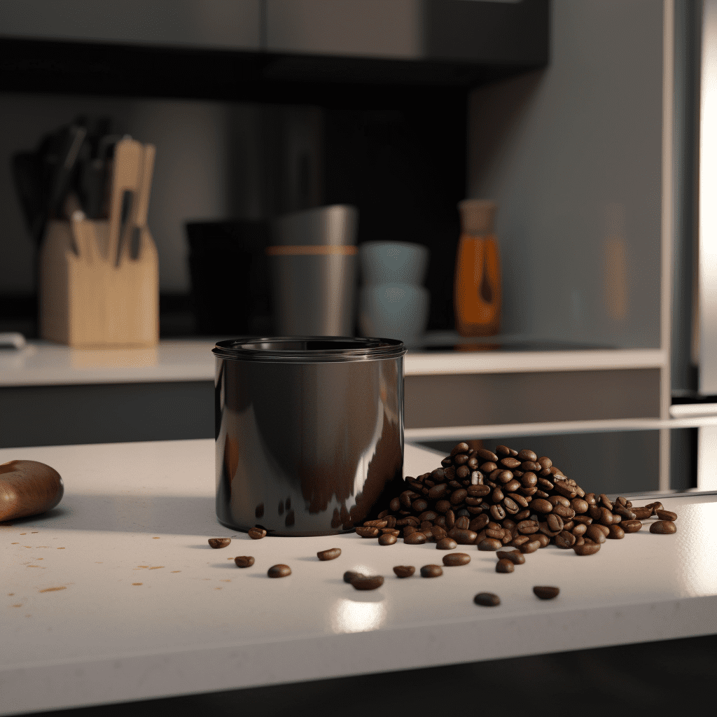 Whole coffee beans lying on a kitchen counter top.