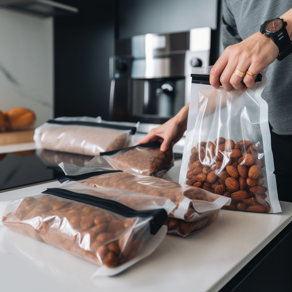 Person packaging almonds to be vacuum sealed.