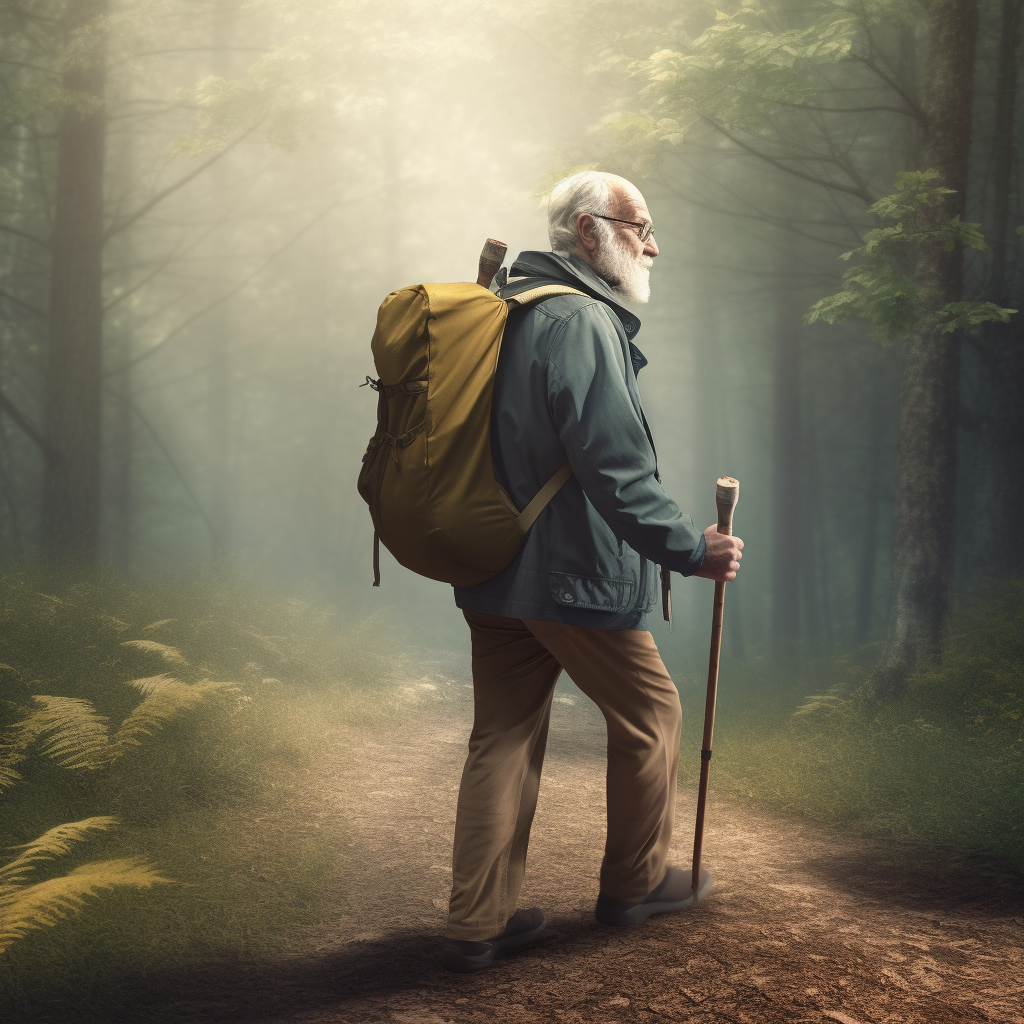 Man hiking in the woods with a cane.