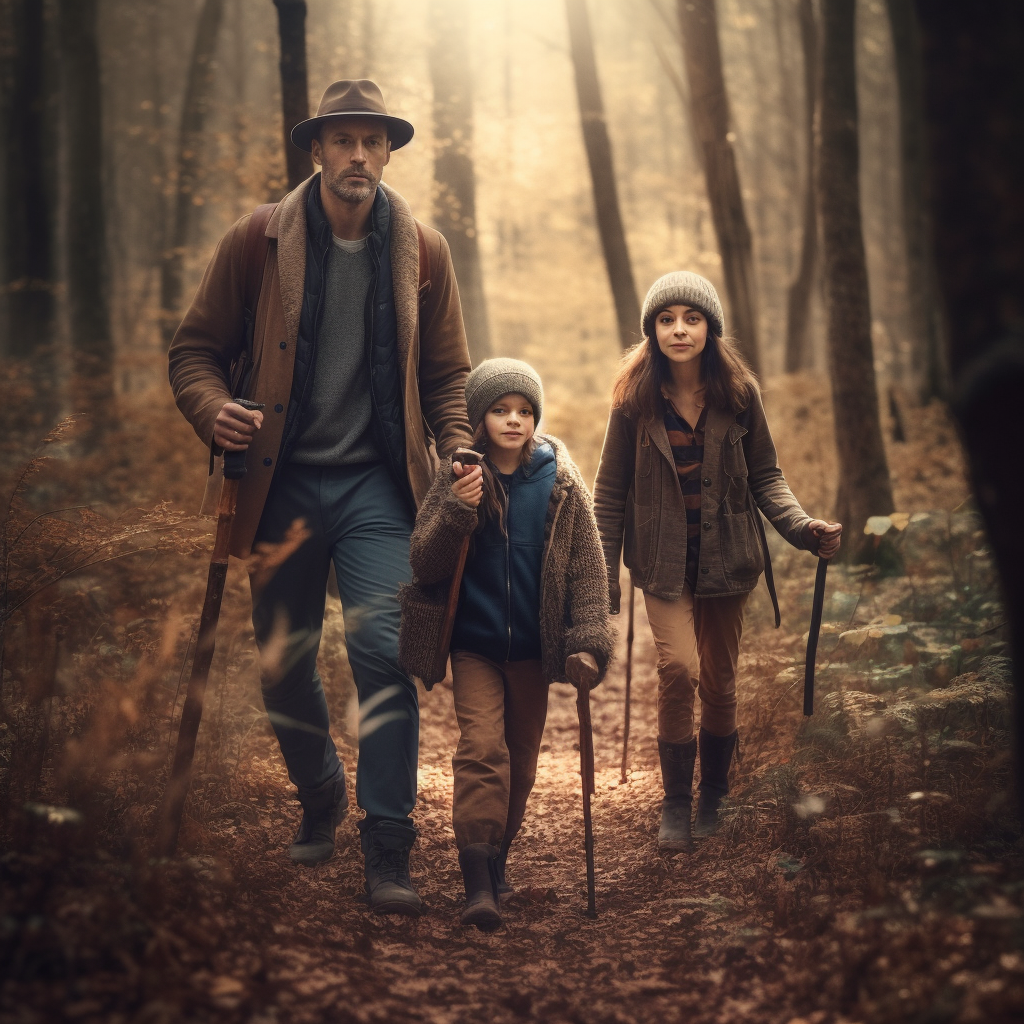 Man & 2 kids hiking in the woods with a self defense canes and walking sticks.