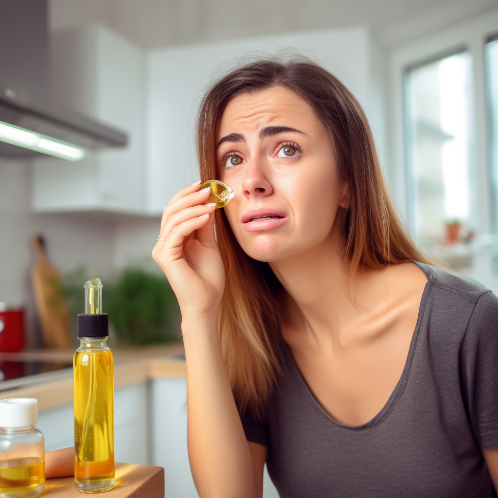 Woman smelling vegetable oil to check if the vegetable oil good after the expiration date. 