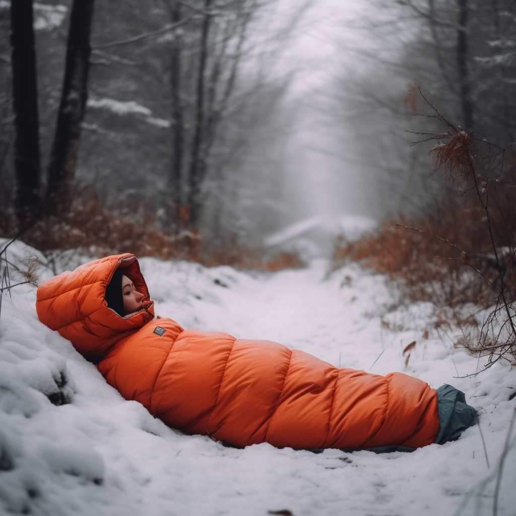 Woman sleeping in one of the best emergency sleeping bags in the snow.