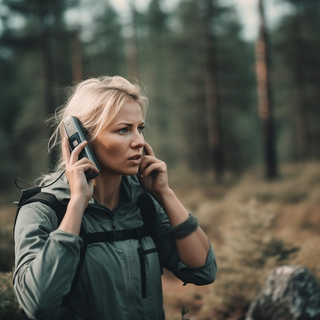 Blonde woman with pony tail using a walkie talkie in the woods.