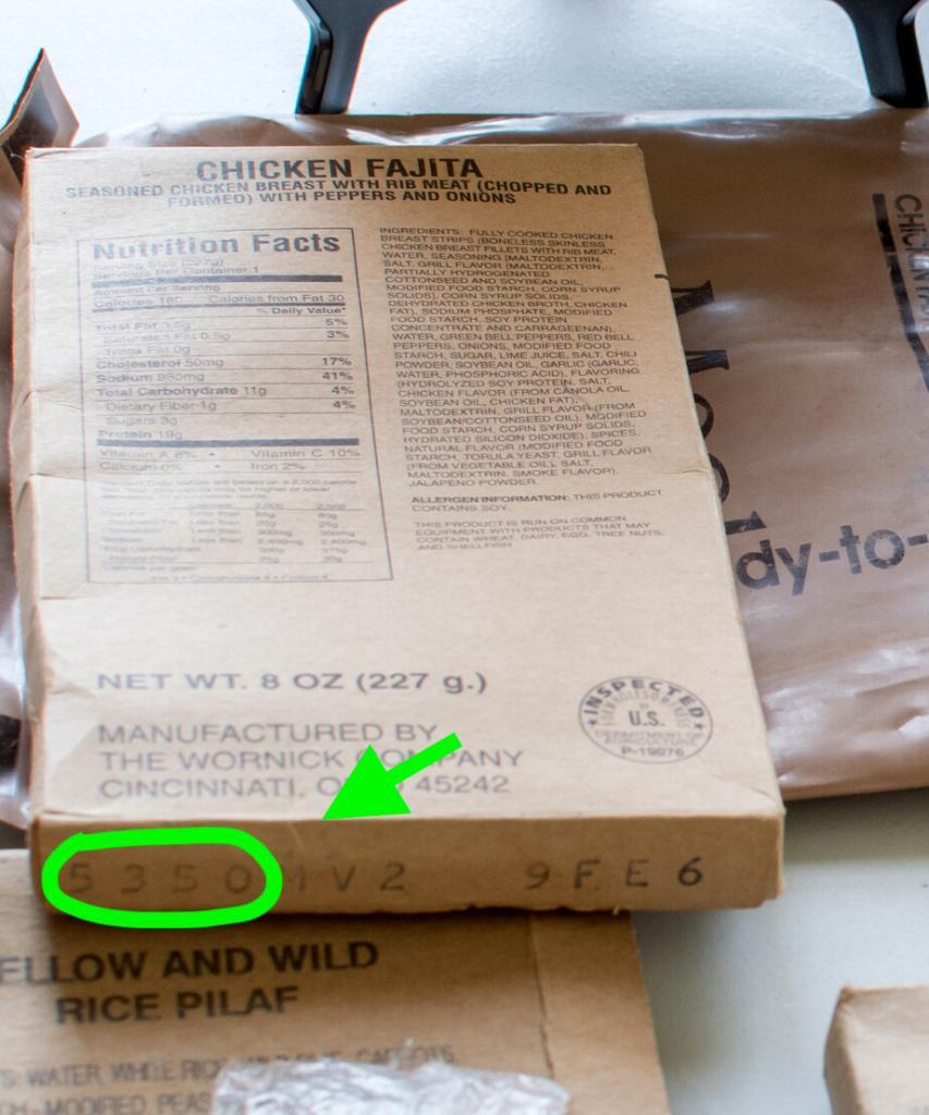 Image shows how to check the four-digit code on an MRE for manufacturers date. The code is circled on the package. This helps to show how long do MREs last.