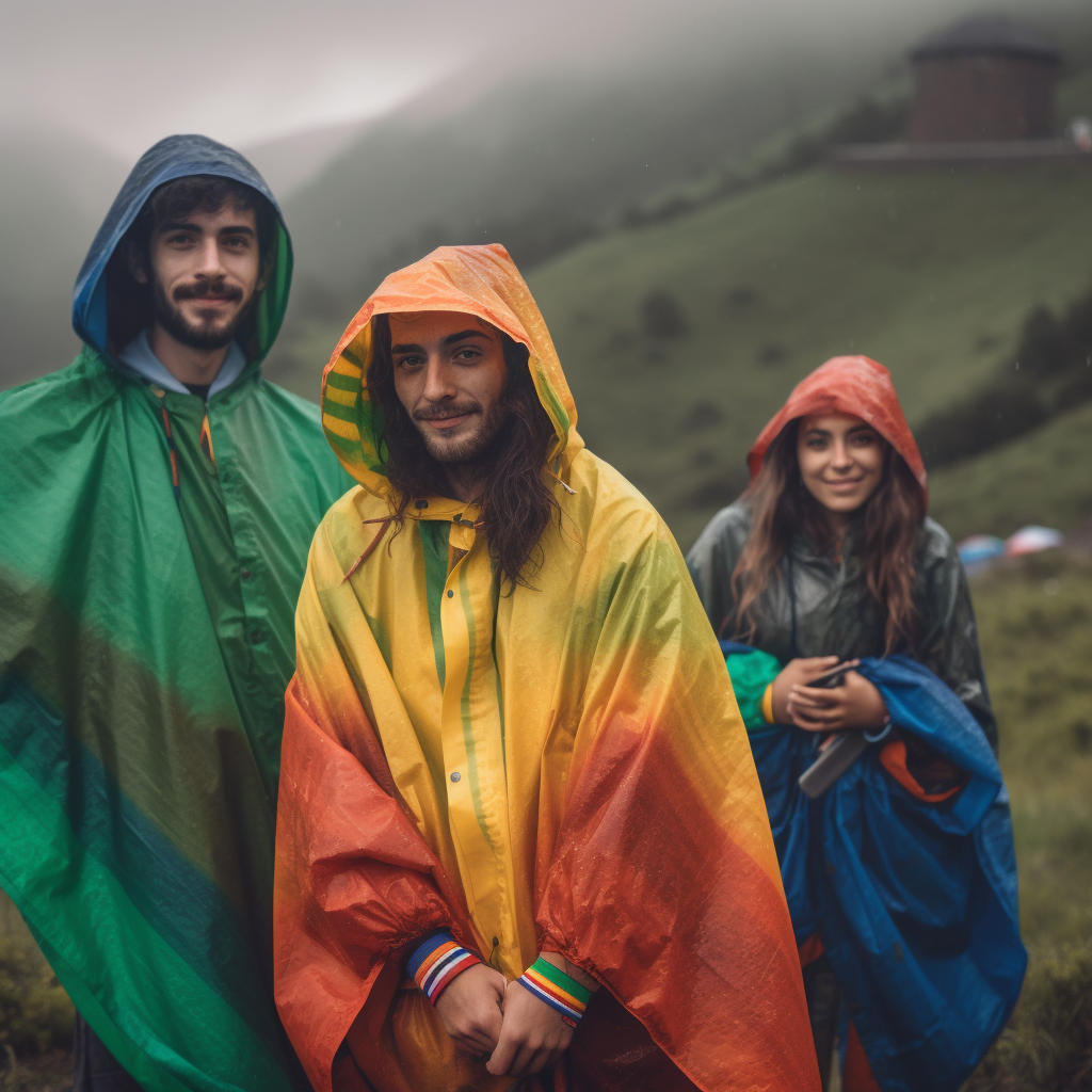Hikers wearing bright colored ponchos
