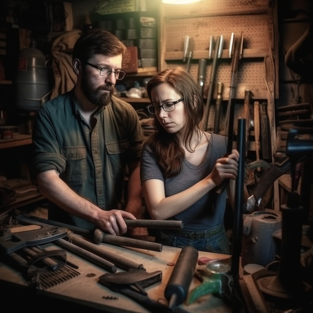 Man and woman working on making DIY homemade weapons in their garage.