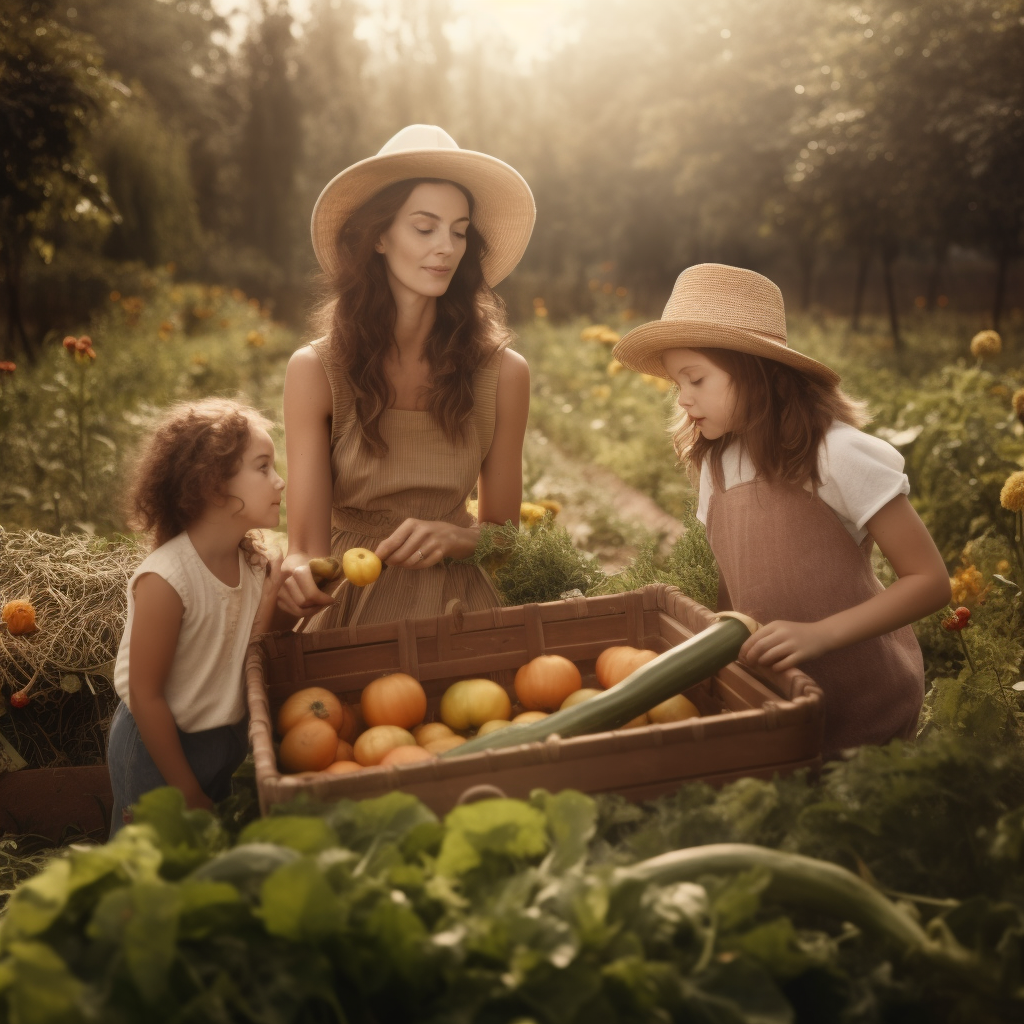 Woman & two girls harvesting some of the best survival crops.