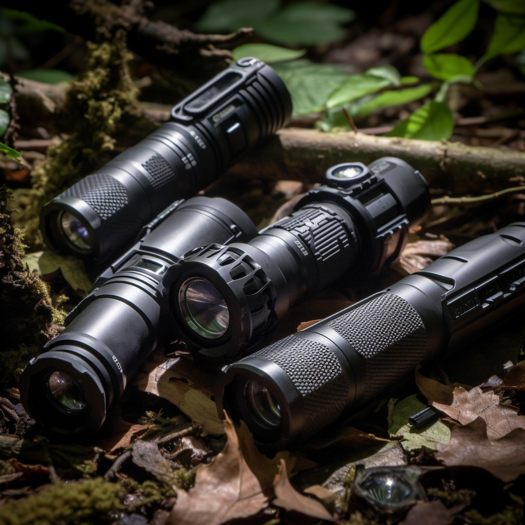 Photo of flashlights in the woods.
