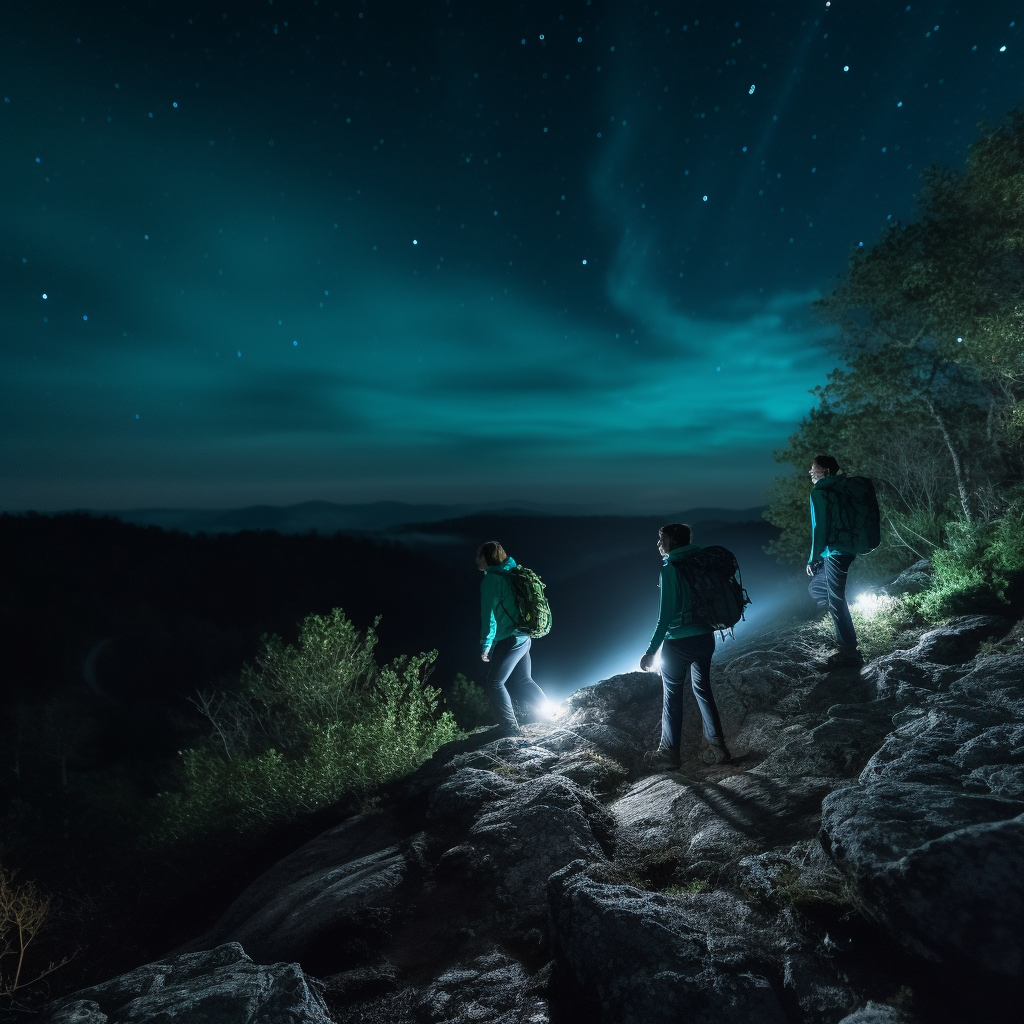 Hikers using some of the best survival flashlights to navigate a rocky area.