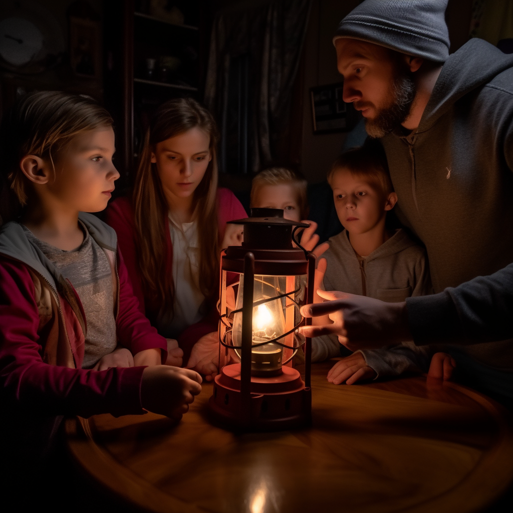A family sitting around an emergency  light.