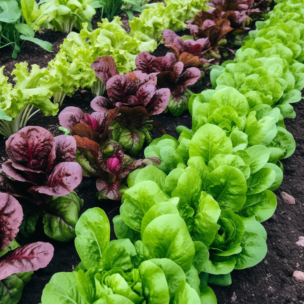 Variety of lettuce growing in a garden.