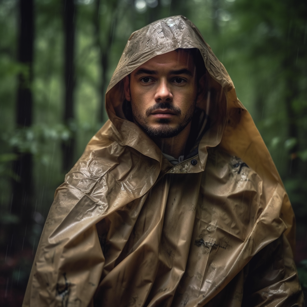 Man wearing one of the best survival ponchos in the rain.