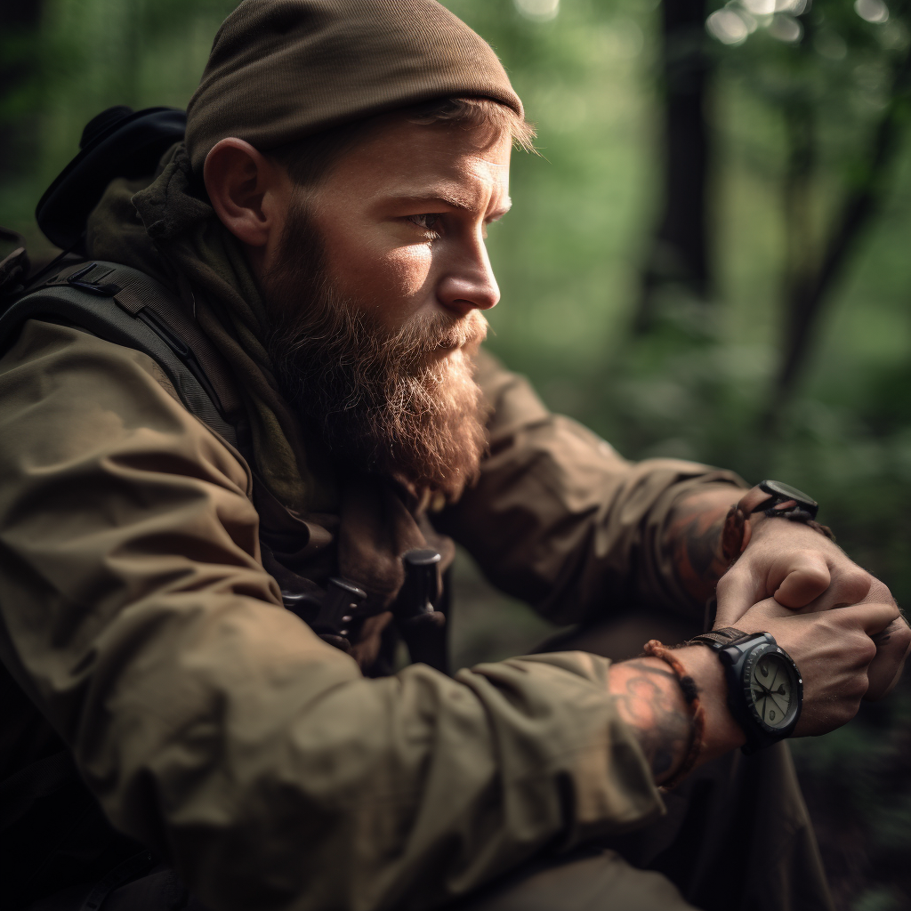 Man sitting in the woods wearing a survival watch.