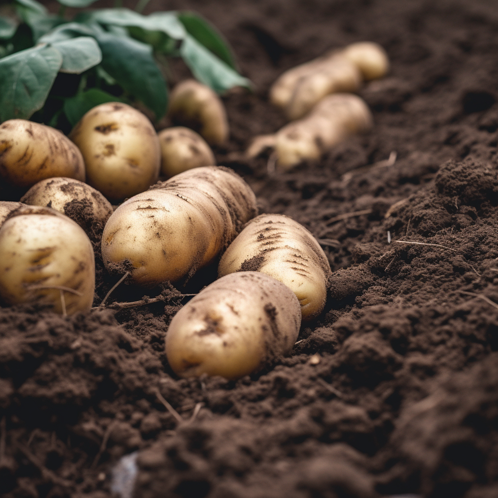 Image of potatoes in a garden freshly dug up.