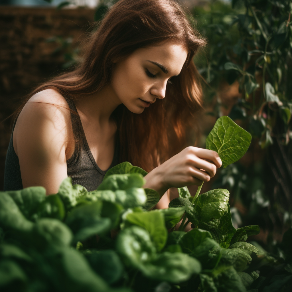 Woman harvesting spinach from her garden.