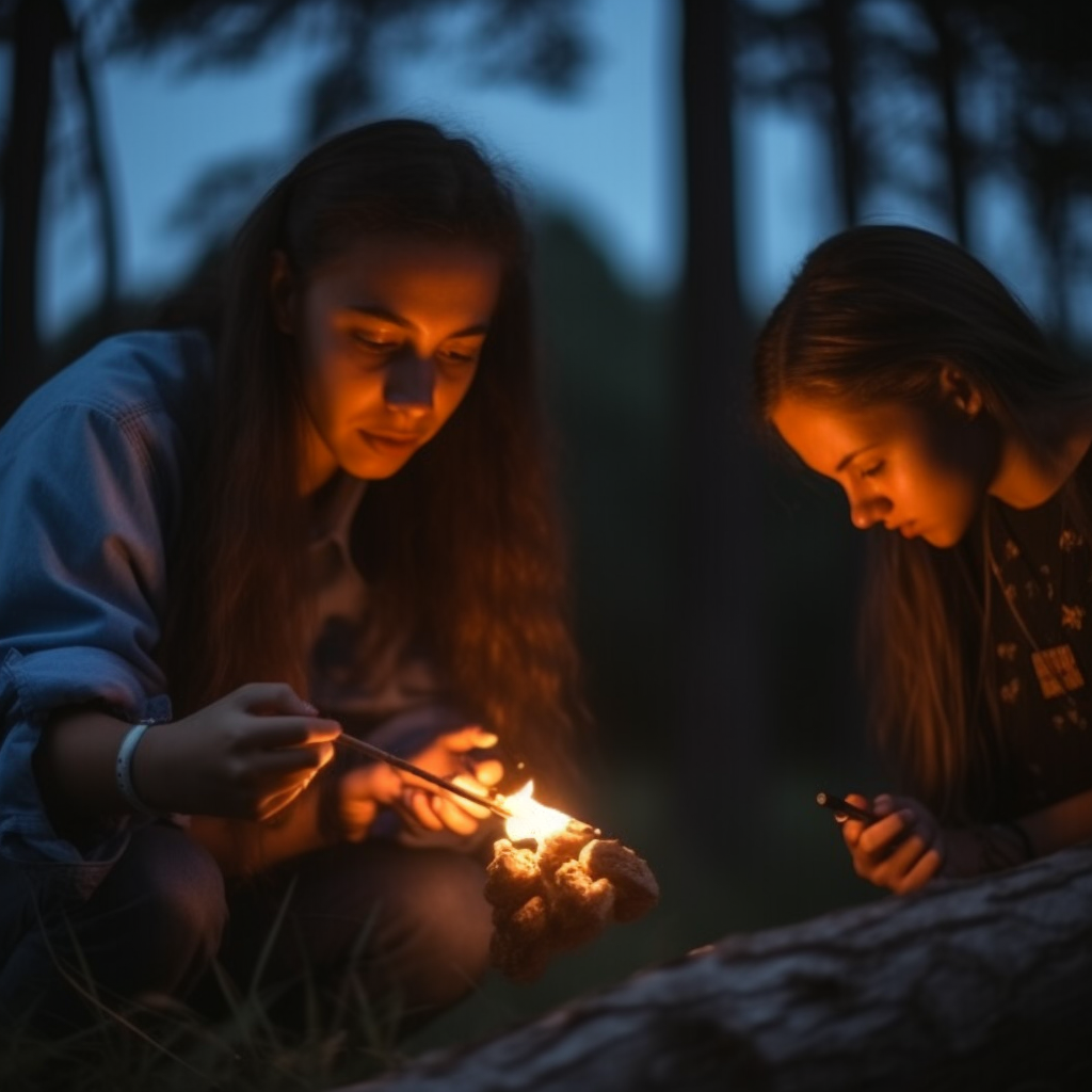Photo of girls starting a fire with a tool.