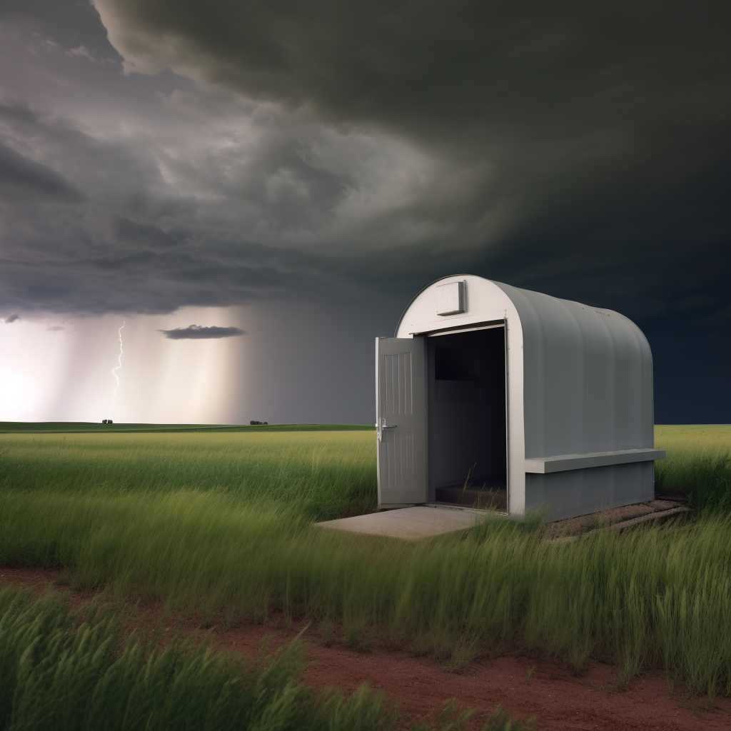 An option of one of the best above ground tornado shelters in action with a storm brewing in the background.