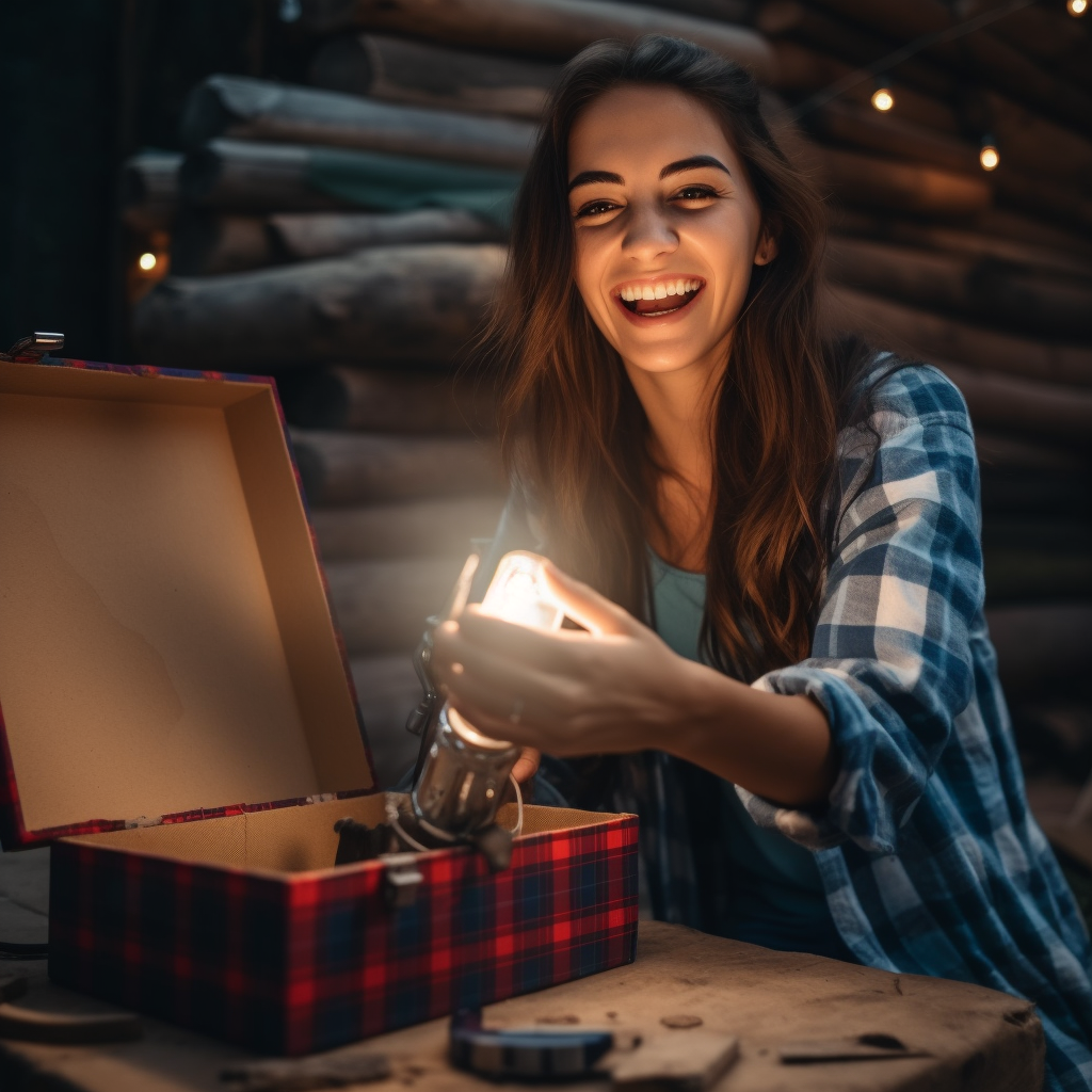 Happy young lady opening a survival gift for best survival gifts and supply kits