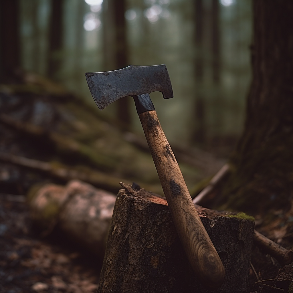 Photo of a one of the best tactical bushcraft survival tomahawks resting on a log in the woods.