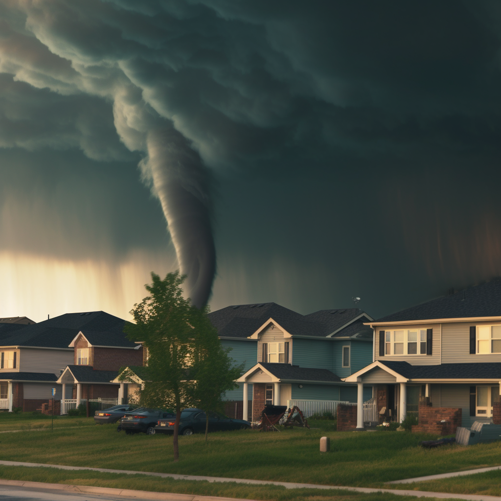 Photo of a tornado in the background of a neighborhood.