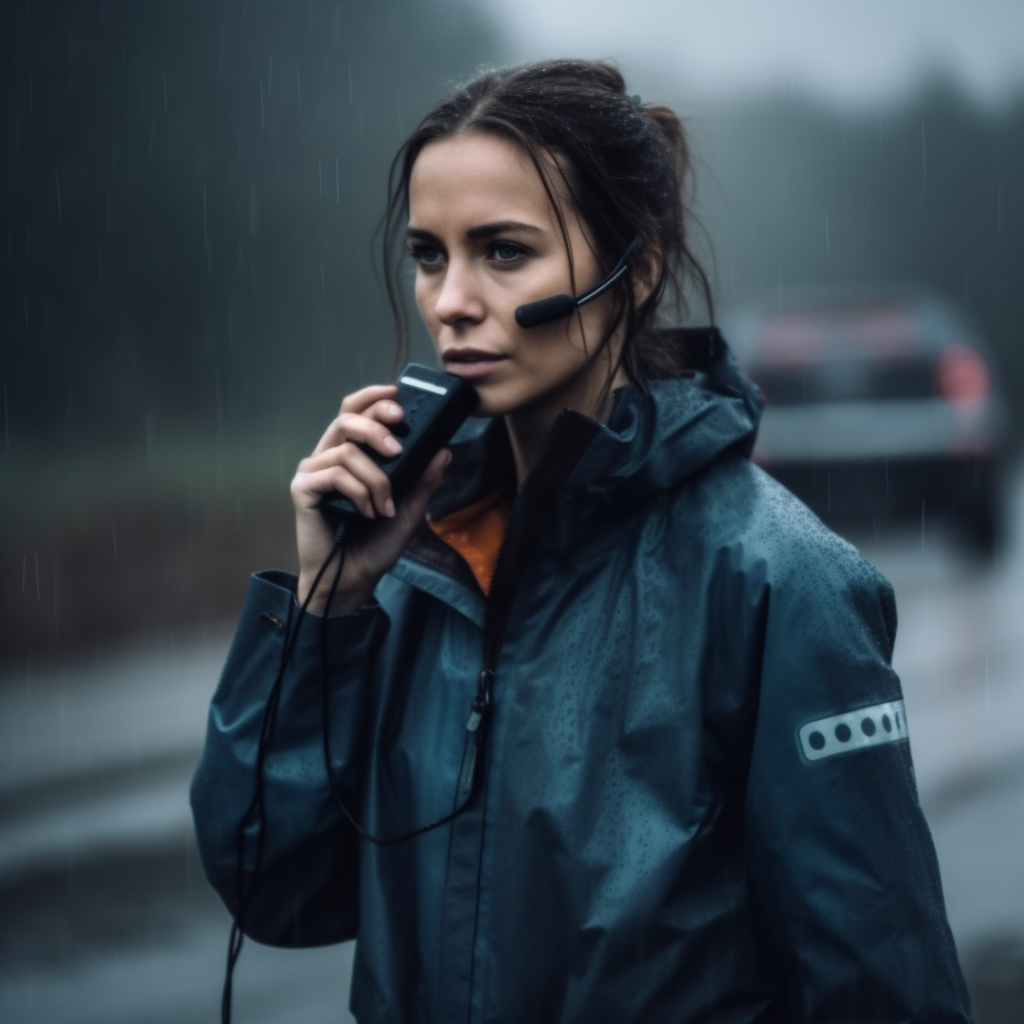 Female talking on walkie talkie in the rain.