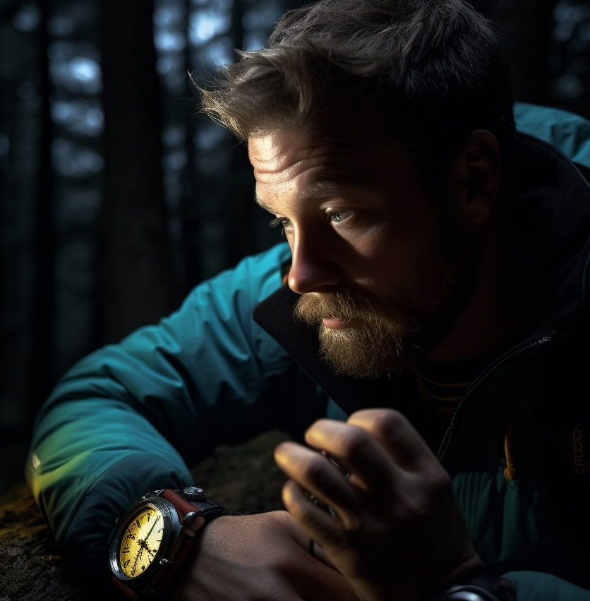 Image of an illuminated watch at night.