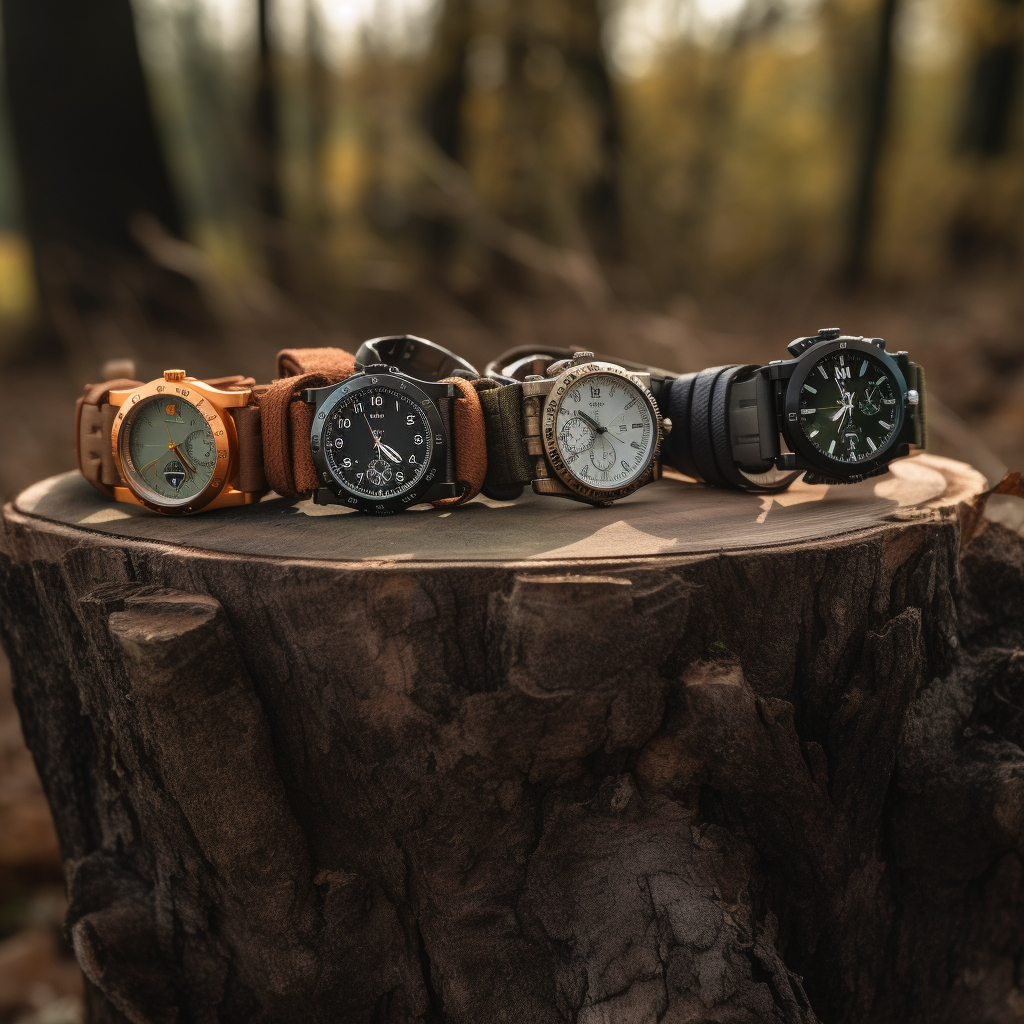 A display of various survival watches on a log.