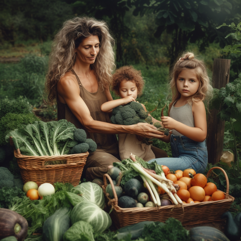 Woman and two kid harvesting veggies.
