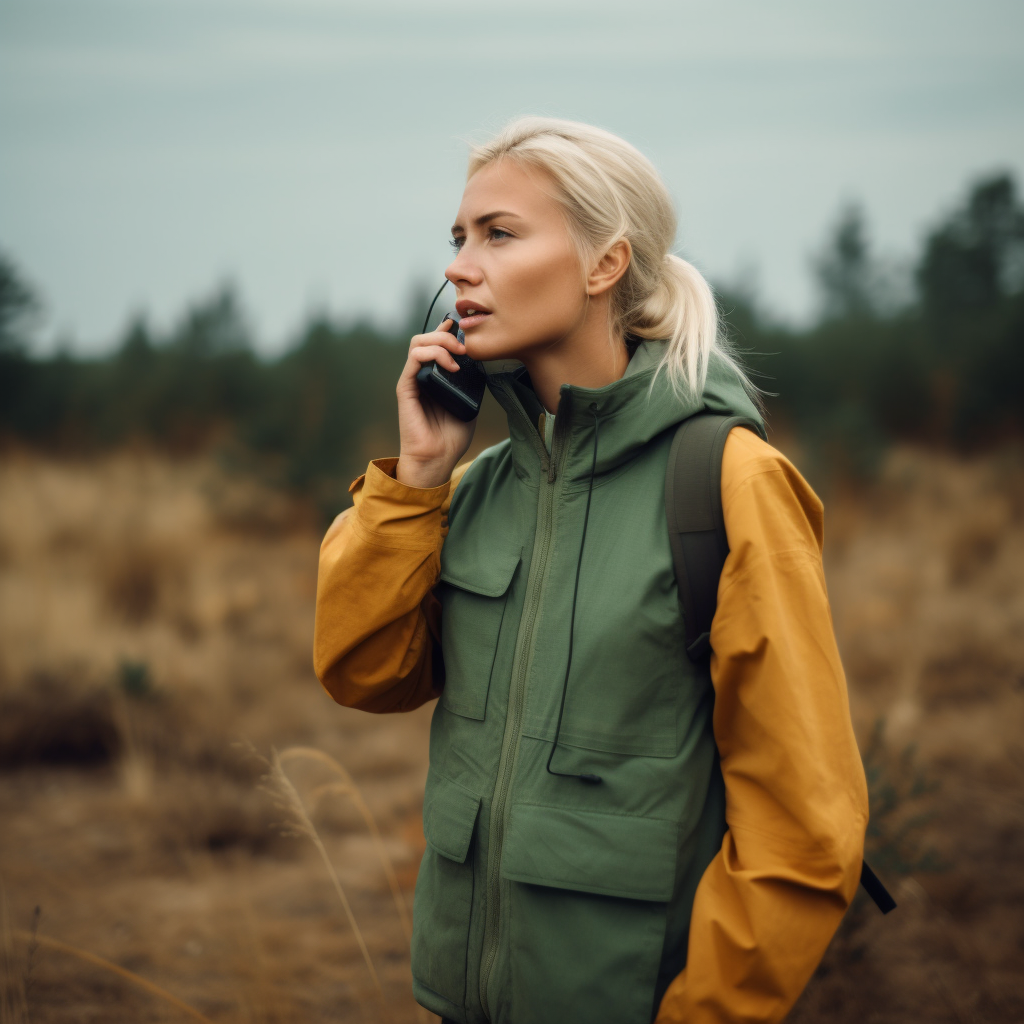 Female hiker using one of the best survival walkie talkies for preppers out in the wilderness.