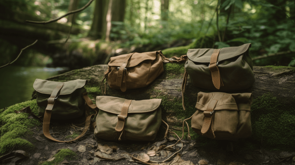 Photo of 5 bushcraft pouches in the wilderness.