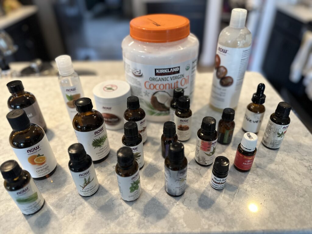 Photo of a variety of essential oils and carrier oils.