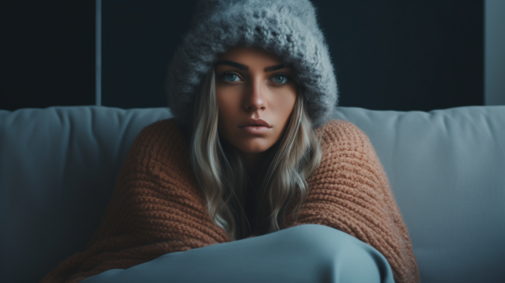 Girl sitting on her couch bundled up in winter clothes and blanket.