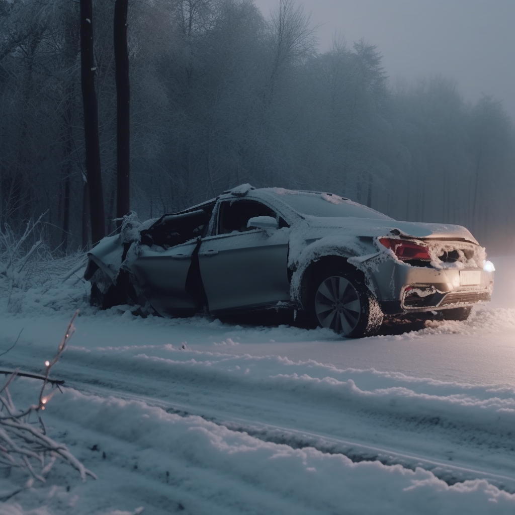 Image of a wrecked vehicle in the snow.