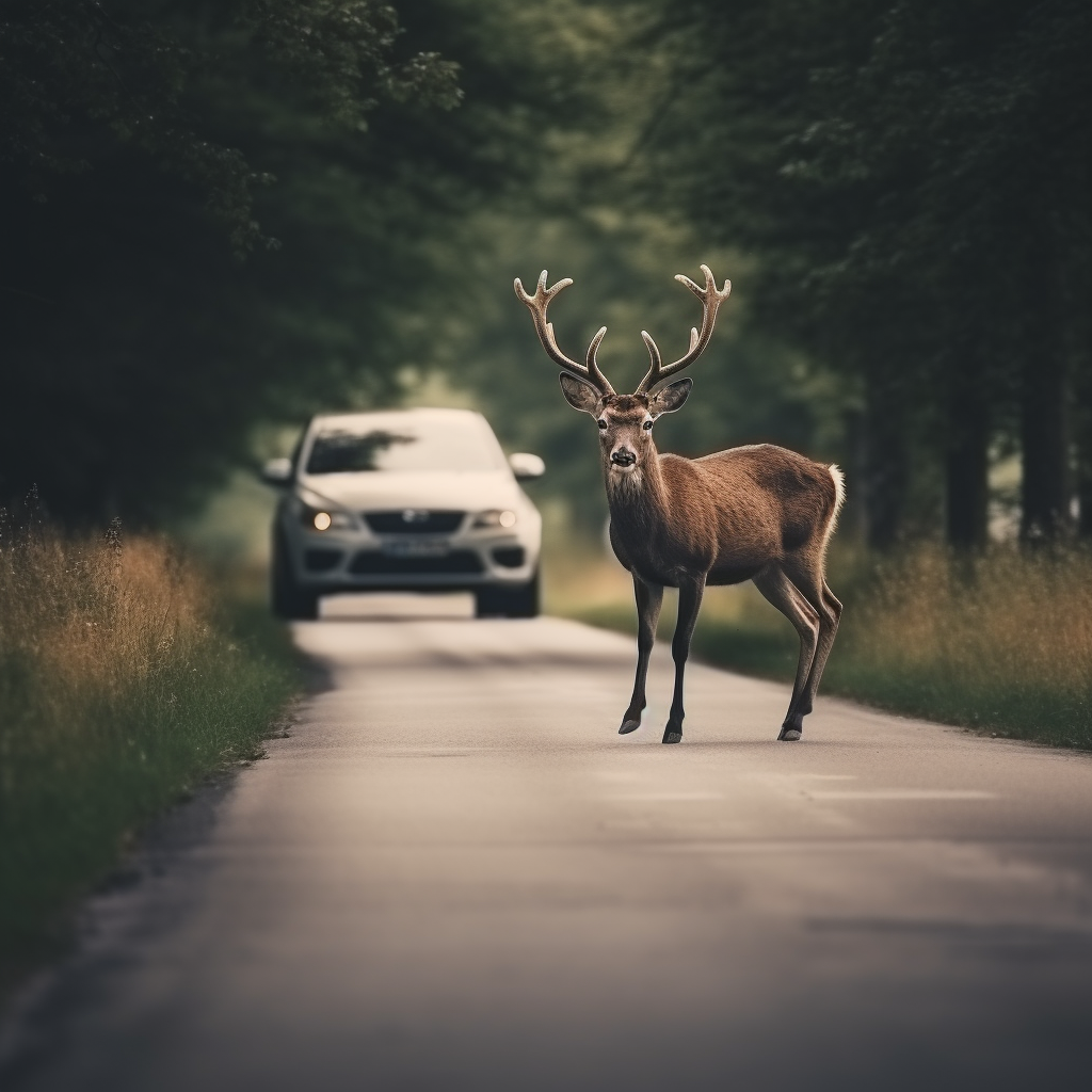 Photo of a deer in the middle of the road as a car approaches.