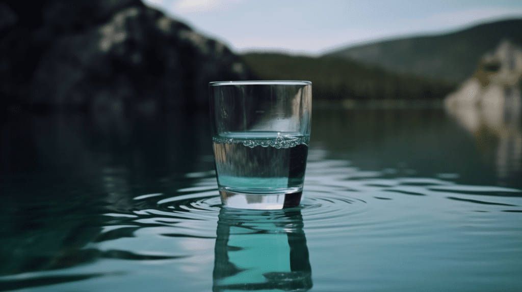 Photo of a glass of clean drinking water in the middle of a lake.