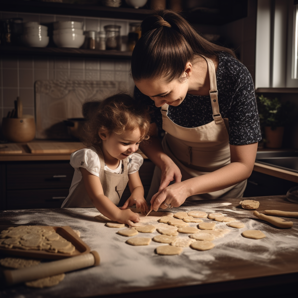 Photo of a mom showing her daughter how to make hardtack.