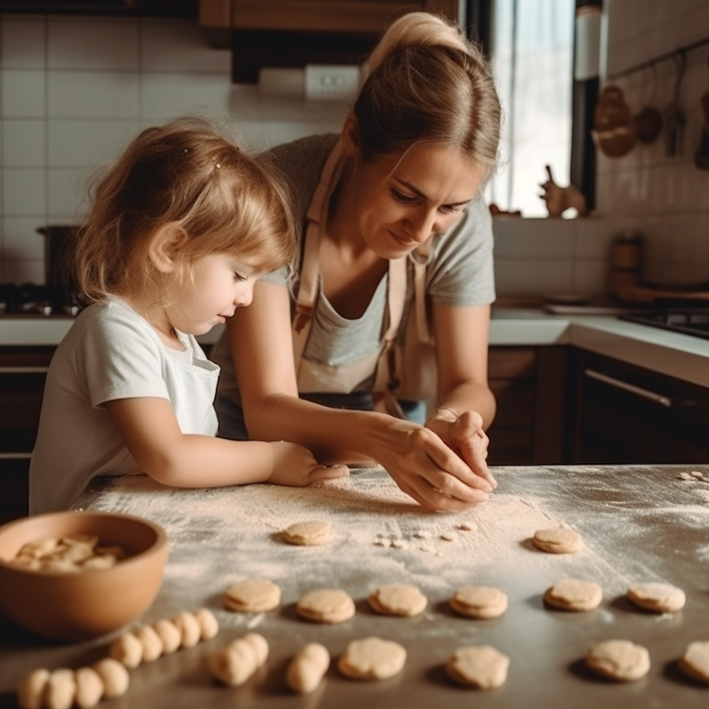 Mom teaching a child how to make hardtack.