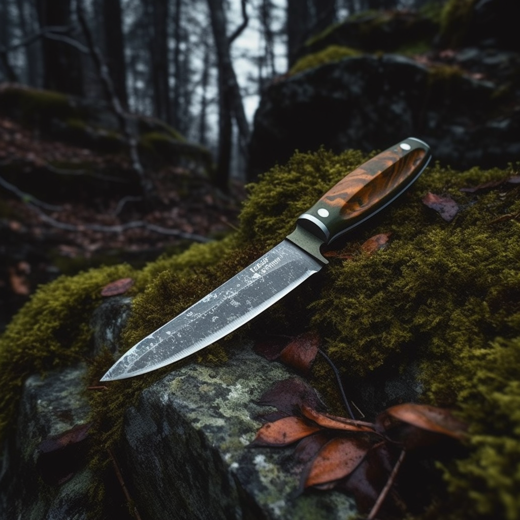 Survival knife resting on a mossy rock.
