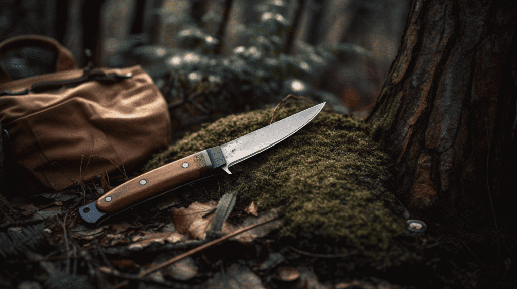 Survival knife next to backpack in the woods.