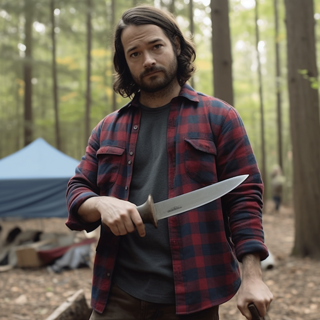 Photo of a man a a campsite with a machete in his hand.