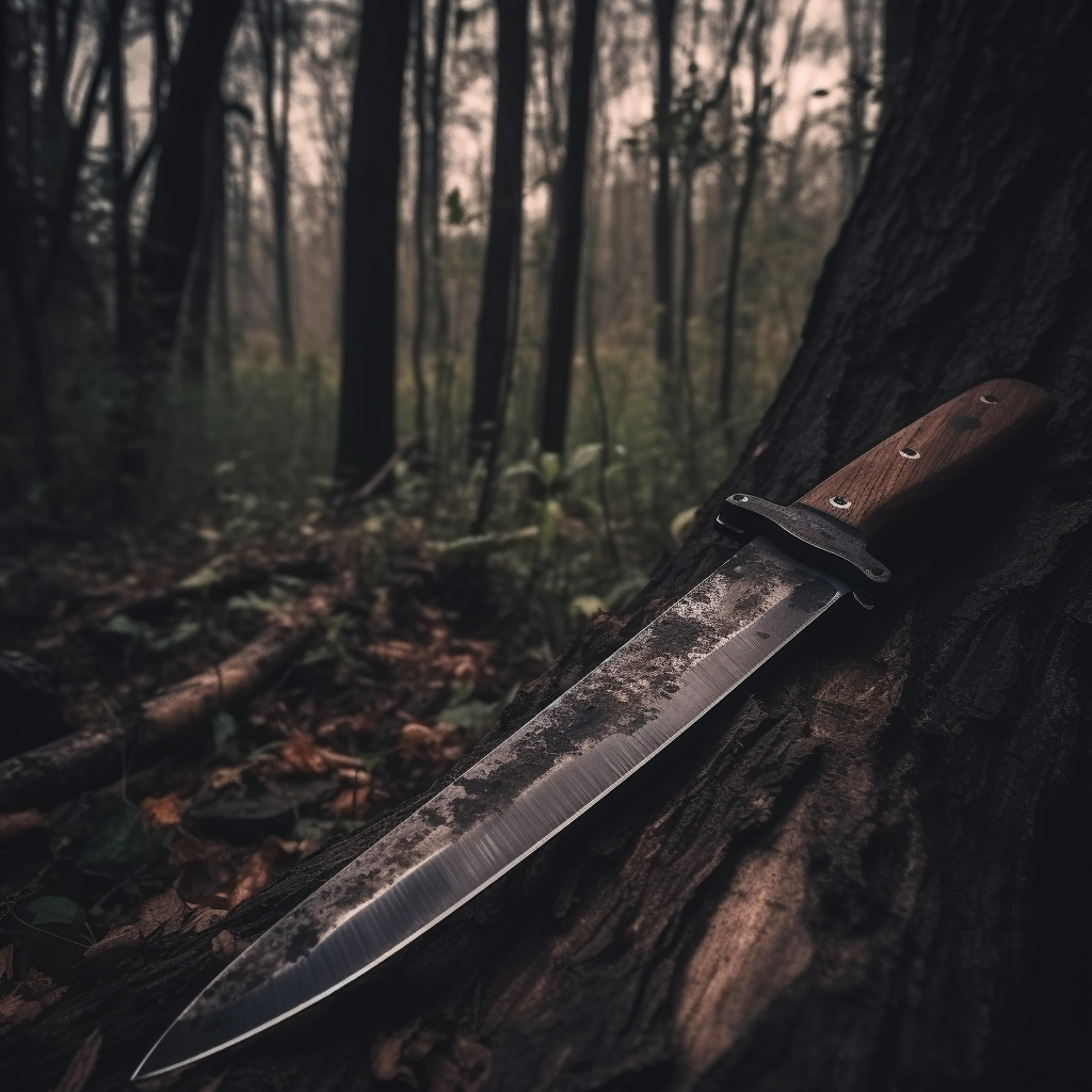 Photo of a machete resting on a log.