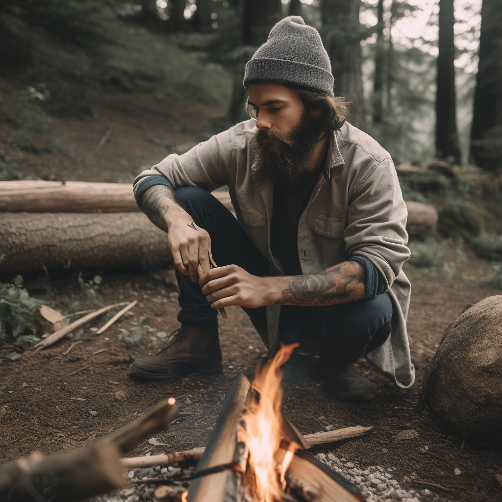 Man sitting next to a fire in the woods. Wishing he had one of the best survival knives under $50.