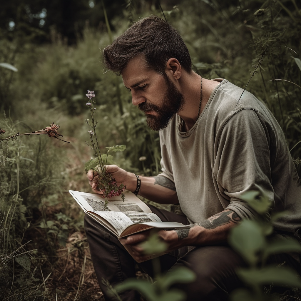 Man foraging for wild edibles using foraging books.