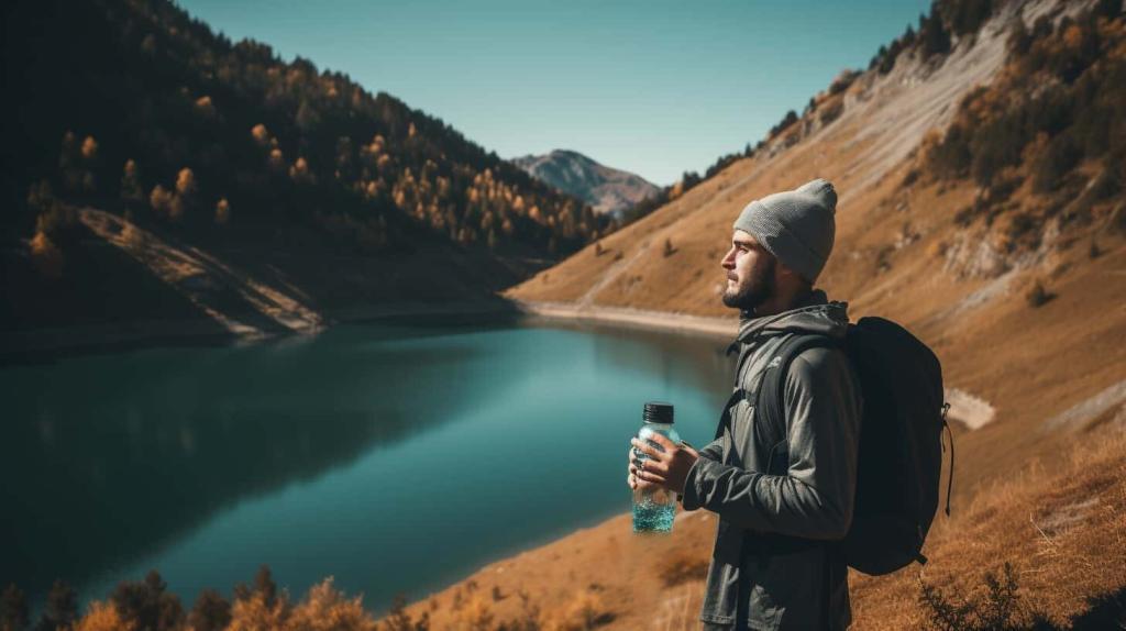 Man holding a bottle of water while looking at a beautiful lake.