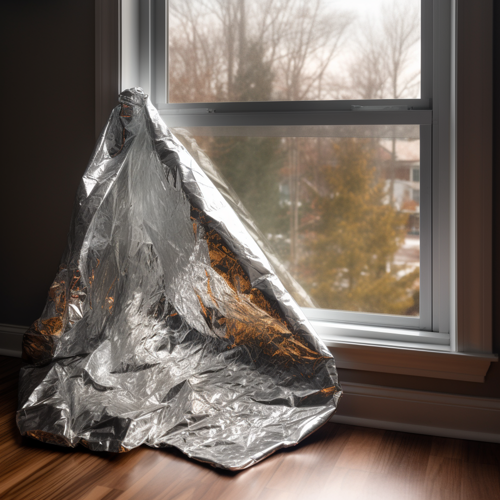 Photo of a mylar blanket half taped to a window.