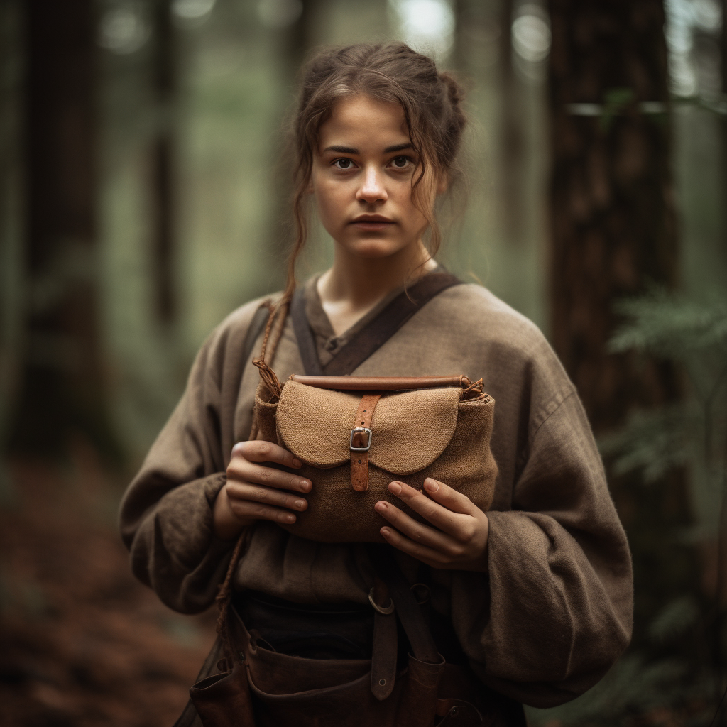 Young girl holding a bushcraft pouch in the woods.
